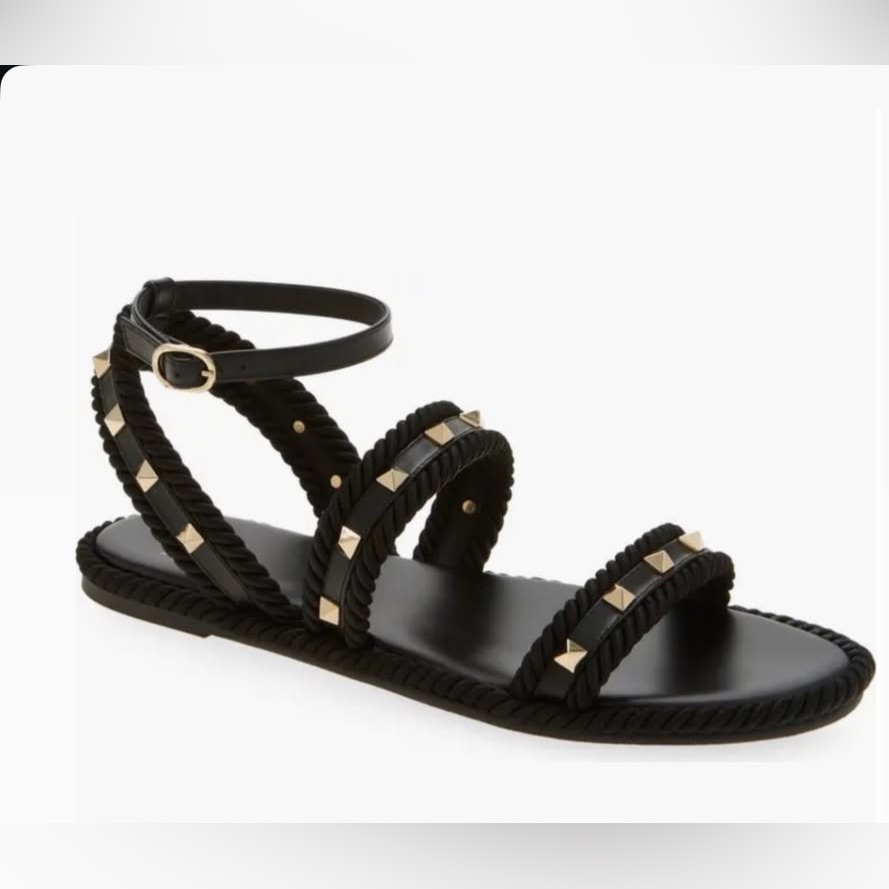Valentino Rockstud Black Braided Espadrille Sandal Spikes Flats Sz 40